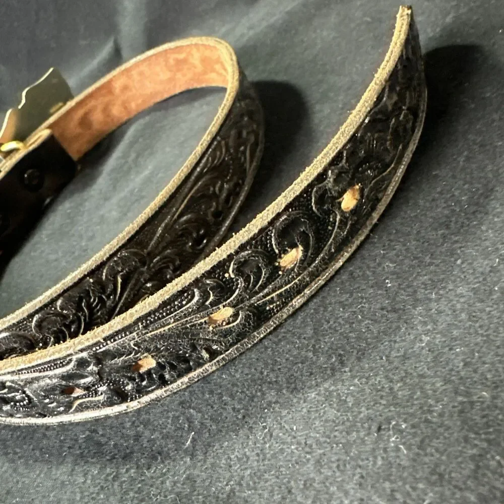 Justin Western Company Floral Etched Nickel Silver Buckle Belt Women Size 30